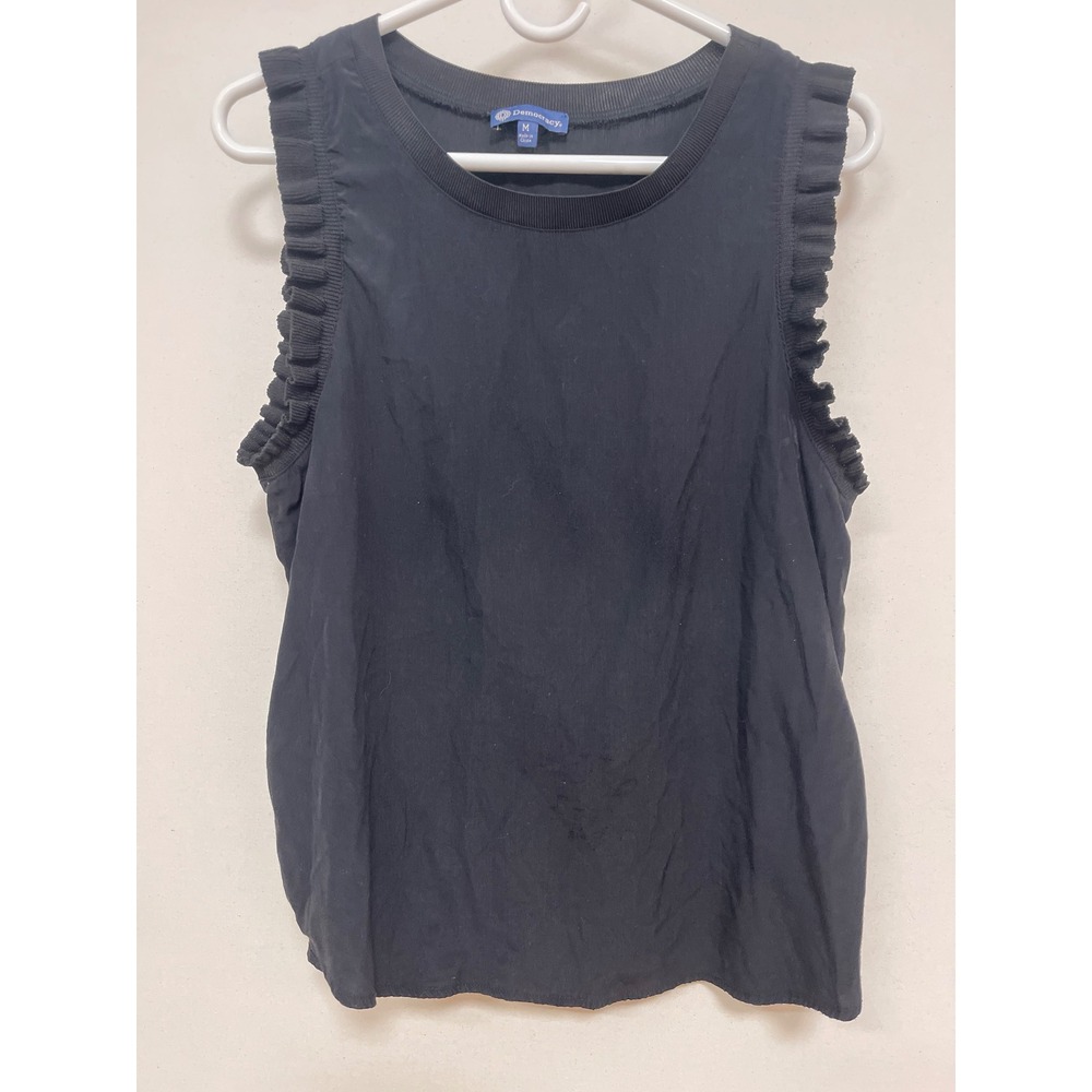 Democracy Womens Black Sleeveless Ruffle Trim Crew Neck Shell Top Size M